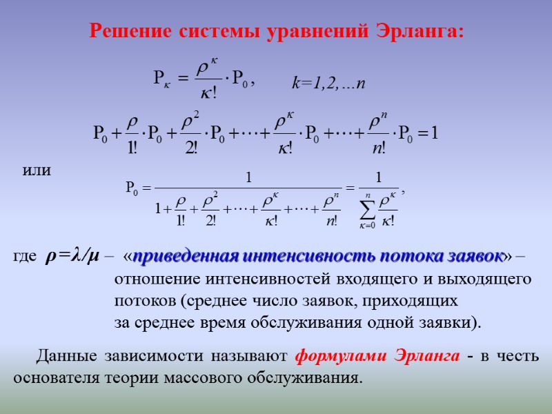 где  ρ = λ /μ –  «приведенная интенсивность потока заявок» – 